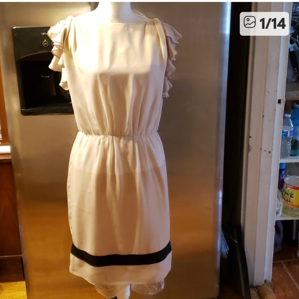 Ann Taylor Loft Cream, Blush and Black Midi Dress Size 6
